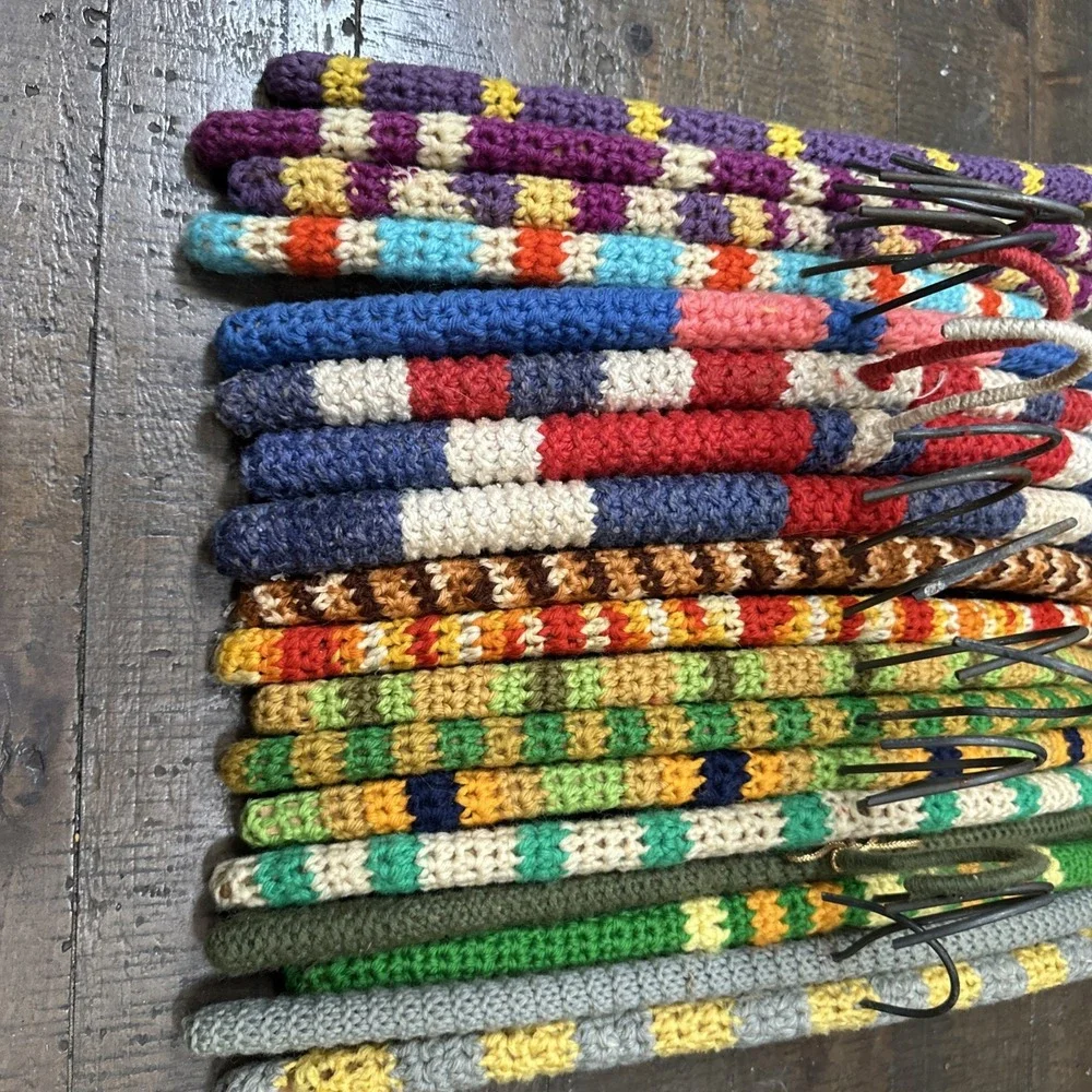 Lot 18 Vintage Crochet Covered Wooden Clothes Hangers Colorful Grannycore